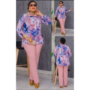 2-Piece Button-Up Blouse w/ Matching Pant